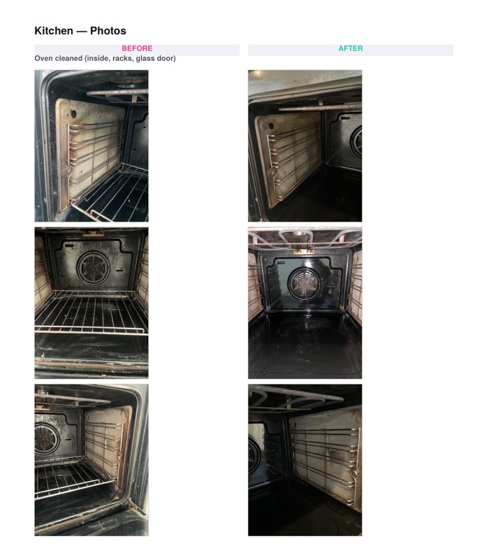A page from a Sweepo cleaning report showing before and after oven photos