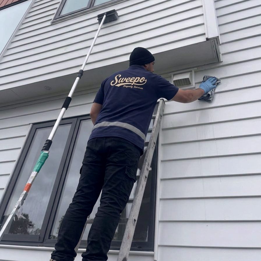 Sweepo team member cleaning weatherboards on a two-storey house