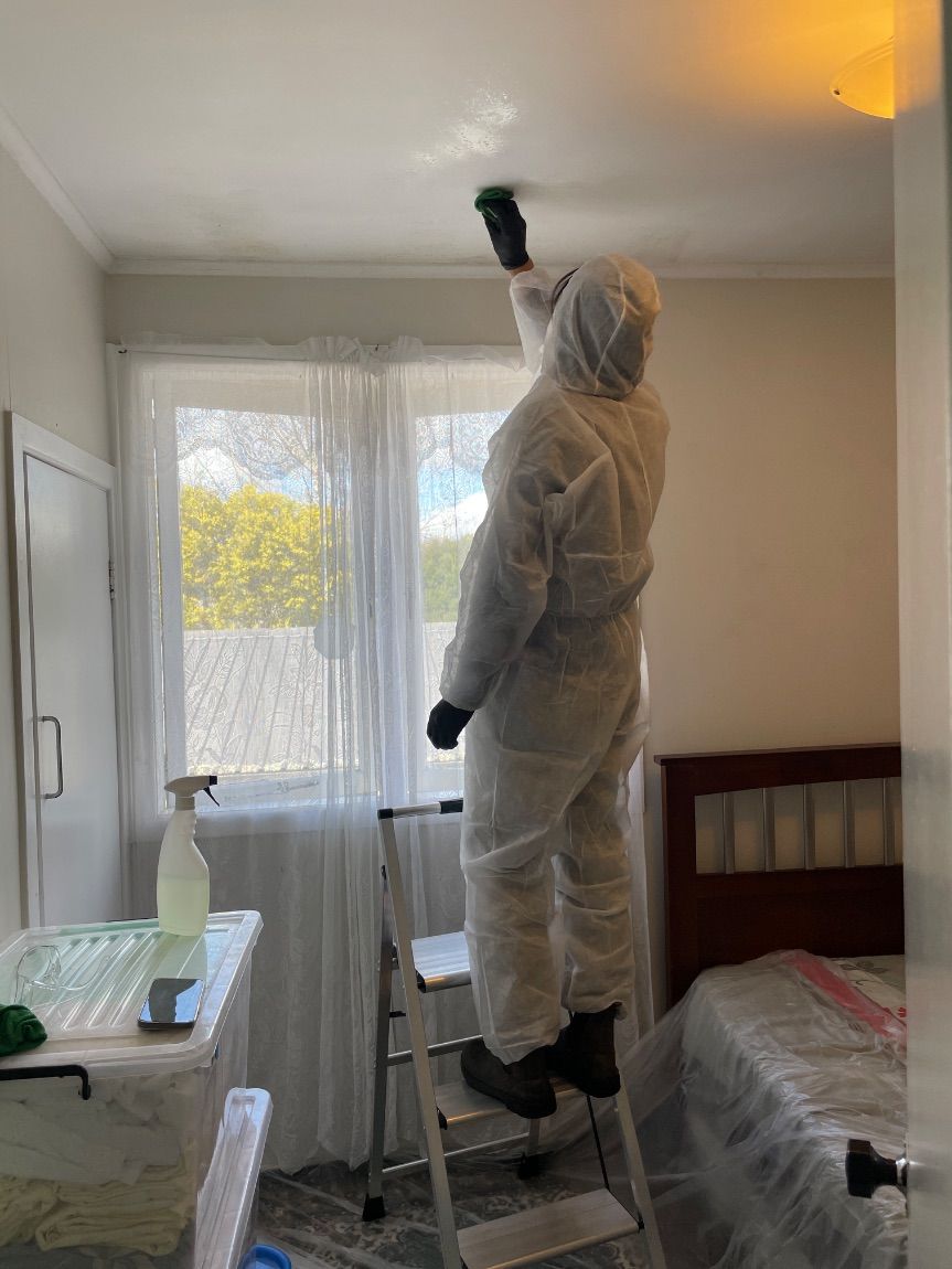 Sweepo team member in protective gear treating ceiling mould in an Otara bedroom